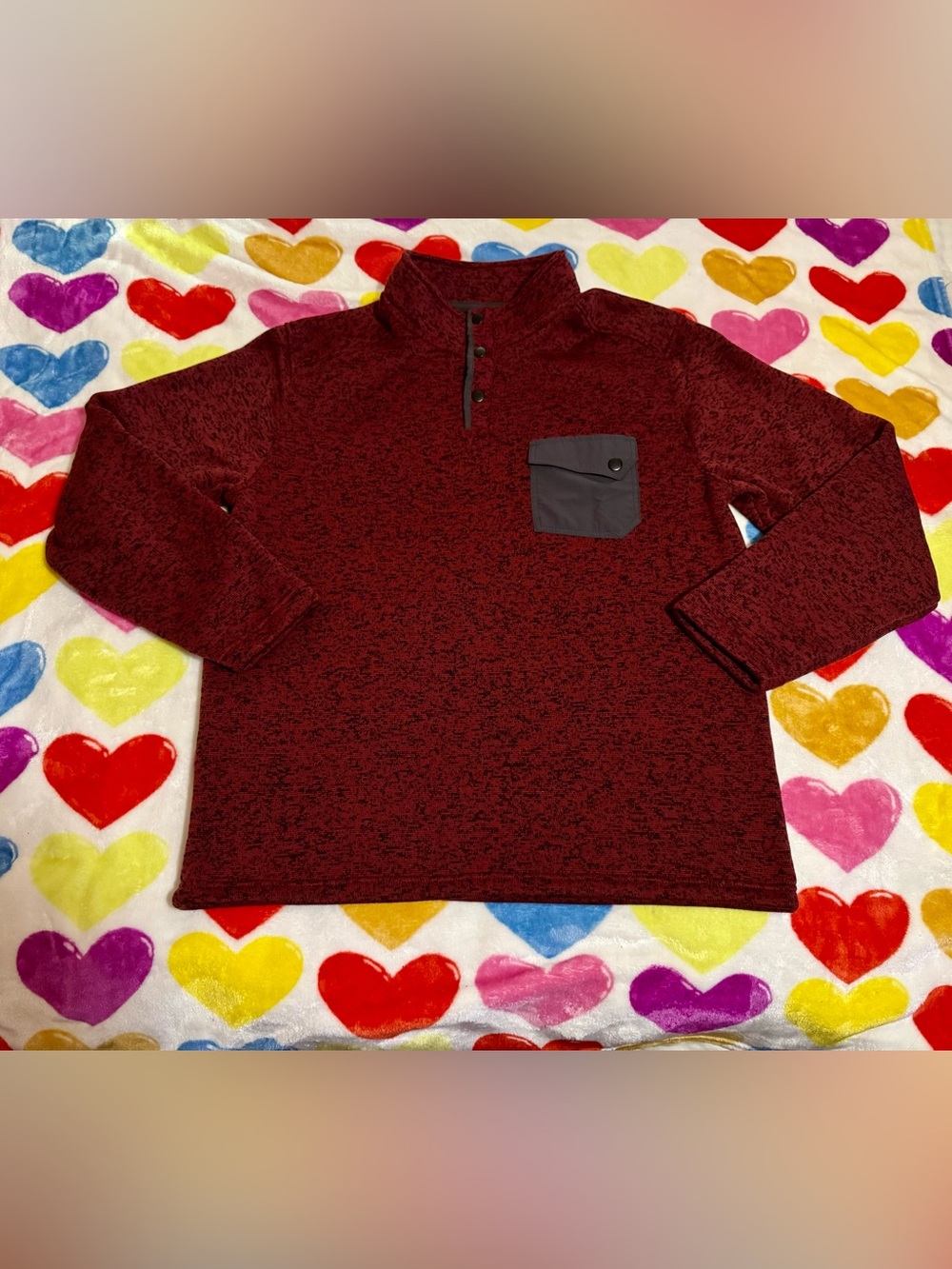 Roundtree & Yorke Maroon Heather Zip-Style Pullover with Contrast Chest Pocket